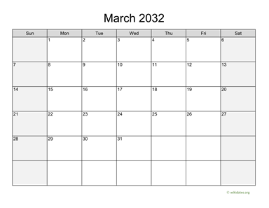 March 2032 Calendar with Weekend Shaded
