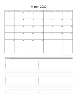 March 2032 Calendar with To-Do List