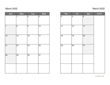 March 2032 Calendar on two pages