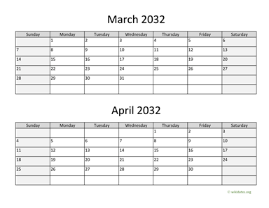March and April 2032 Calendar Horizontal