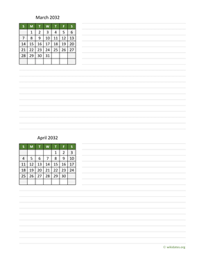 March and April 2032 Calendar with Notes