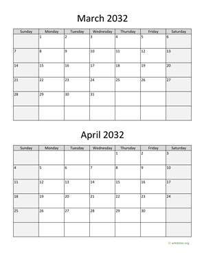 March and April 2032 Calendar Vertical