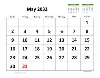 May 2032 Calendar with Extra-large Dates