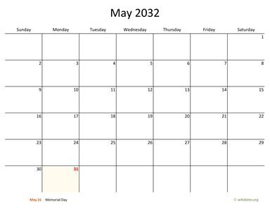 May 2032 Calendar with Bigger boxes