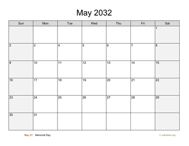 May 2032 Calendar with Weekend Shaded