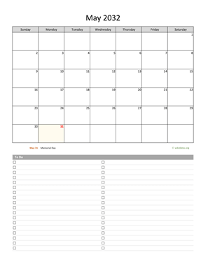 May 2032 Calendar with To-Do List