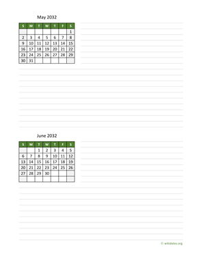 May and June 2032 Calendar with Notes
