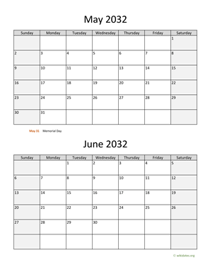 May and June 2032 Calendar Vertical
