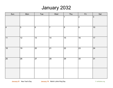 Monthly 2032 Calendar with Weekend Shaded