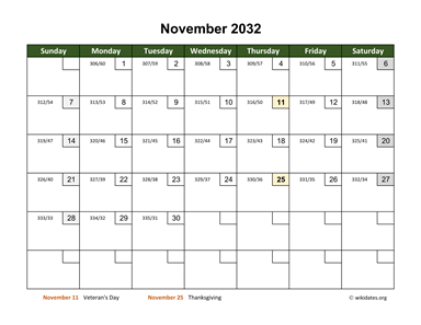 November 2032 Calendar with Day Numbers