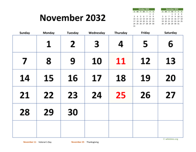 November 2032 Calendar with Extra-large Dates