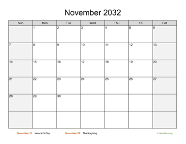 November 2032 Calendar with Weekend Shaded