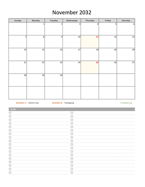 November 2032 Calendar with To-Do List