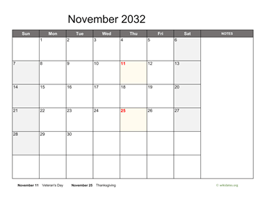 November 2032 Calendar with Notes