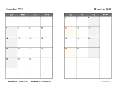 November 2032 Calendar on two pages