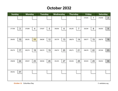 October 2032 Calendar with Day Numbers