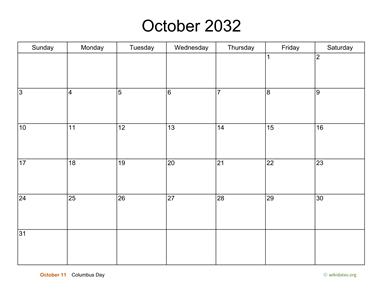 Basic Calendar for October 2032