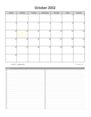 October 2032 Calendar with To-Do List