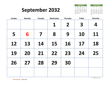 September 2032 Calendar with Extra-large Dates
