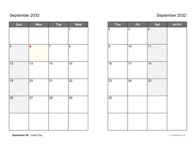September 2032 Calendar on two pages