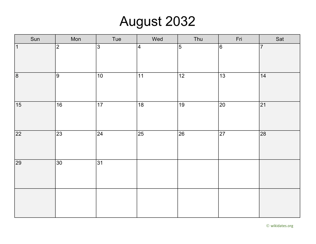 August 2032 Calendar with Weekend Shaded WikiDates org
