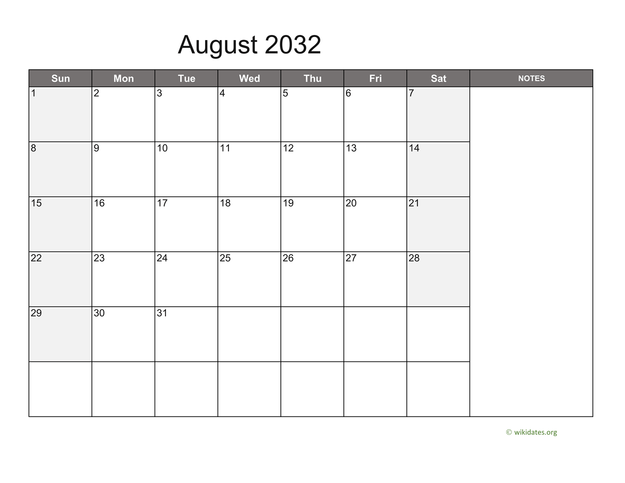 August 2032 Calendar with Notes WikiDates org