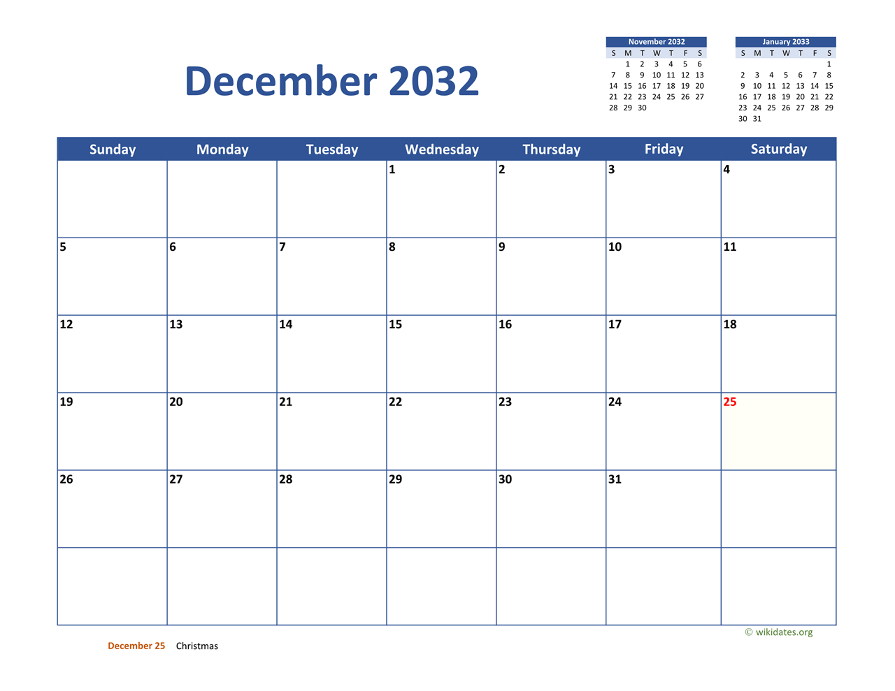 December 2032 Calendar Classic | WikiDates.org