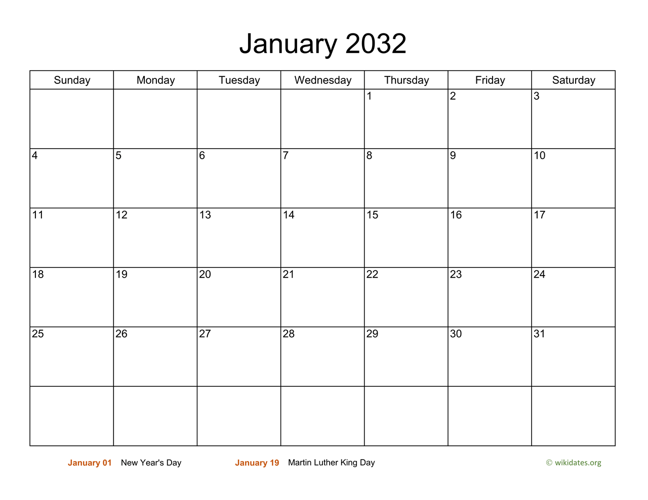 Basic Calendar for January 2032 WikiDates org