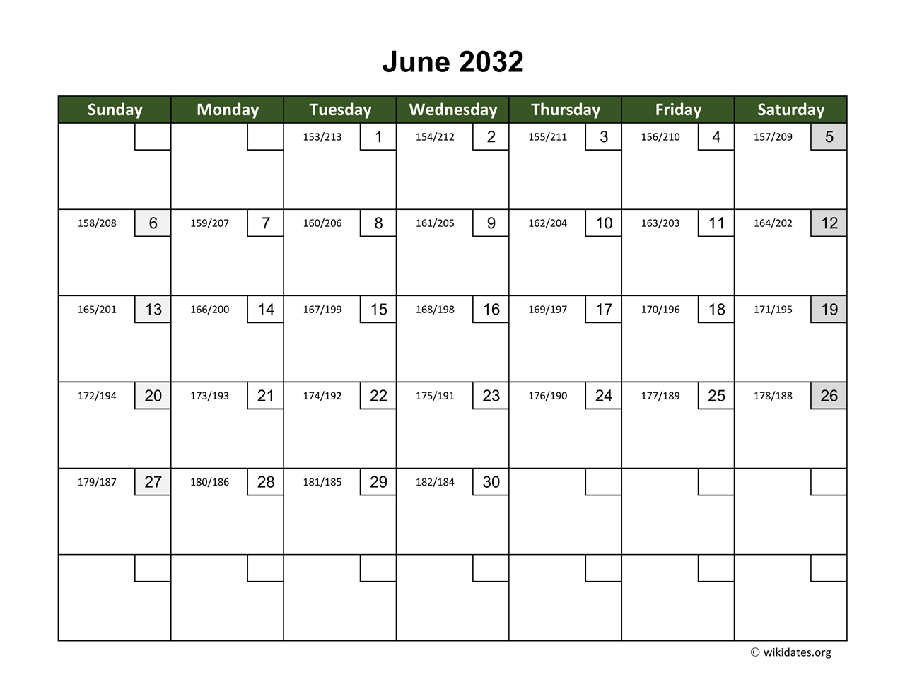 June 2032 Calendar with Day Numbers WikiDates org