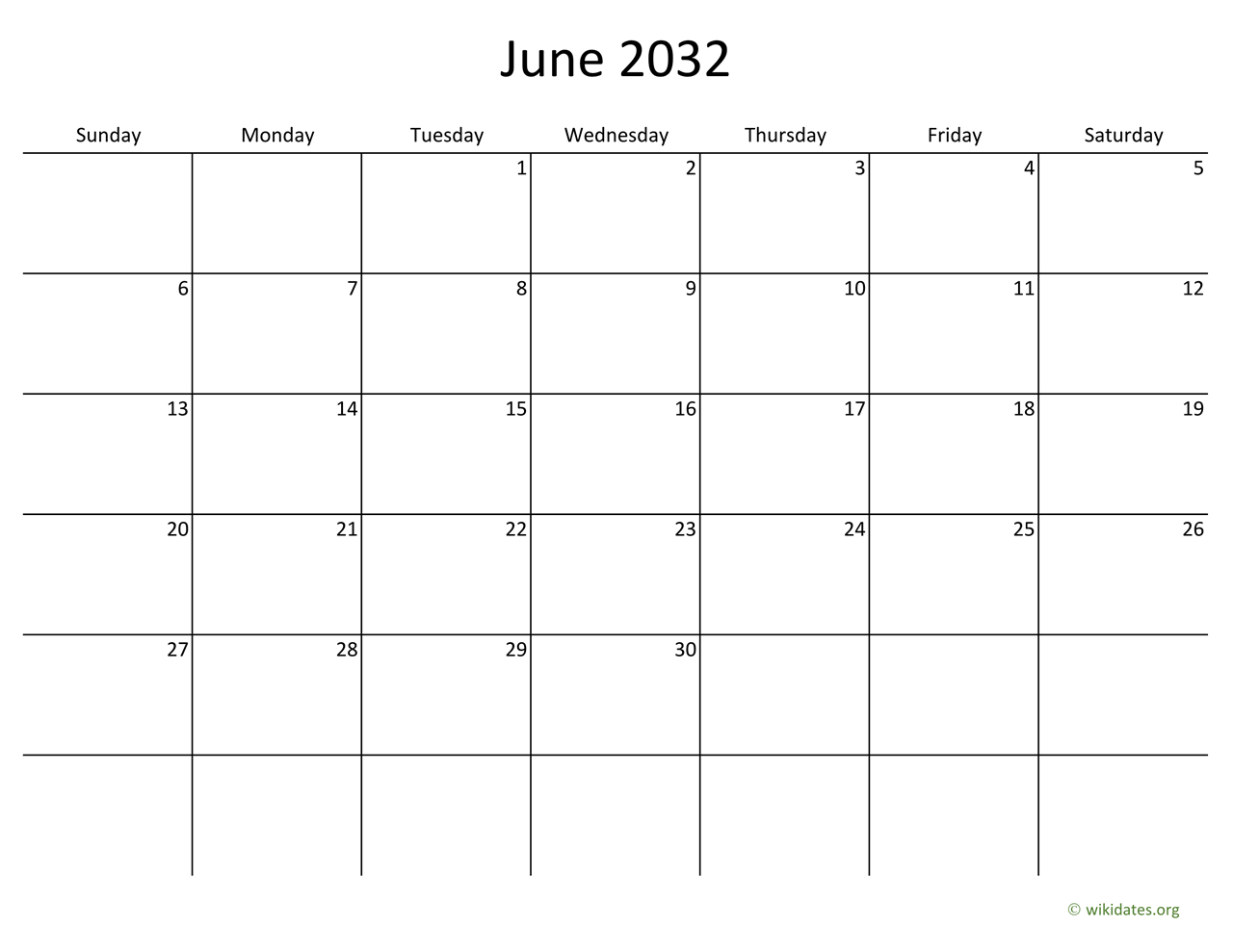 June 2032 Calendar with Bigger boxes WikiDates org