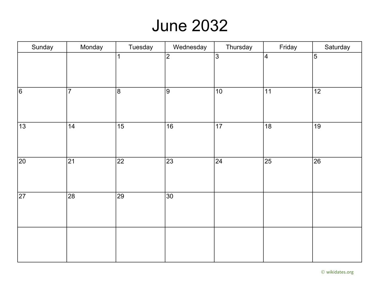 Basic Calendar for June 2032 WikiDates org