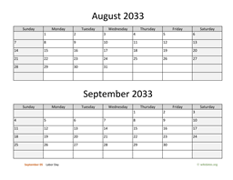 August and September 2033 Calendar