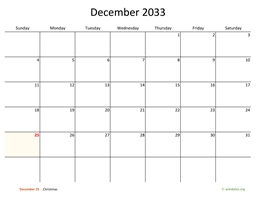 December 2033 Calendar with Bigger boxes