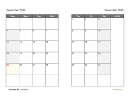 December 2033 Calendar on two pages