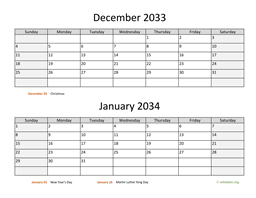 December 2033 and January 2034 Calendar