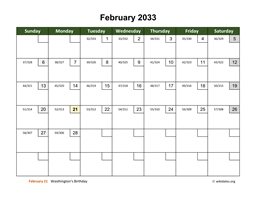 February 2033 Calendar with Day Numbers