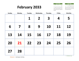 February 2033 Calendar with Extra-large Dates