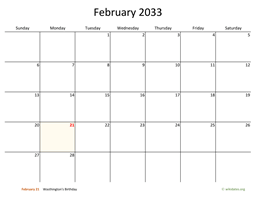 February 2033 Calendar with Bigger boxes
