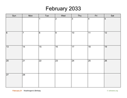 February 2033 Calendar with Weekend Shaded