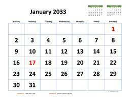 January 2033 Calendar with Extra-large Dates