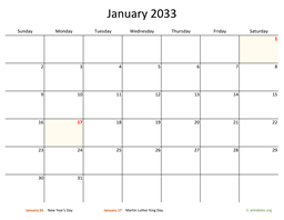 January 2033 Calendar with Bigger boxes