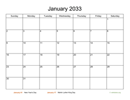 Basic Calendar for January 2033