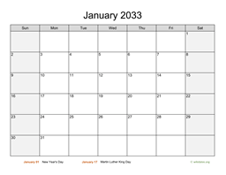 January 2033 Calendar with Weekend Shaded
