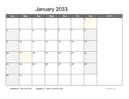 January 2033 Calendar with Notes
