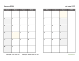 January 2033 Calendar on two pages