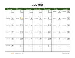 July 2033 Calendar with Day Numbers