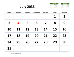 July 2033 Calendar with Extra-large Dates