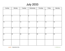 Basic Calendar for July 2033
