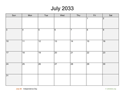July 2033 Calendar with Weekend Shaded