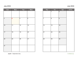 July 2033 Calendar on two pages